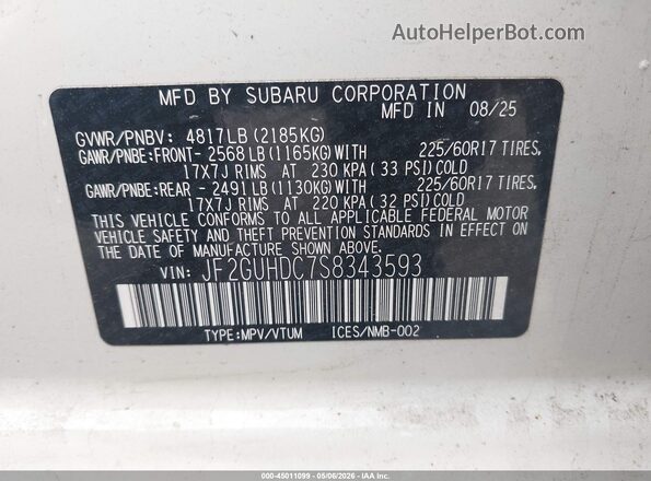 JF2GUHDC7S8343593 2025 SUBARU CROSSTREK White Շարժիչի բաժամունքի տեսք