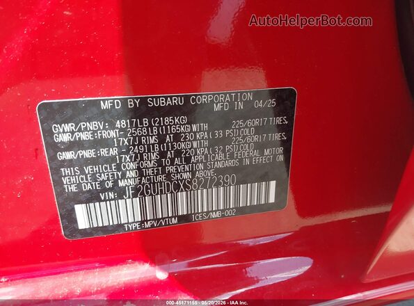 JF2GUHDCXS8272390 2025 SUBARU CROSSTREK Red ძრავის განყოფილების ხედი