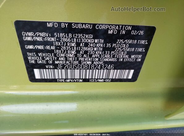 JF2GUSGD8T8243246 2026 SUBARU CROSSTREK Green 