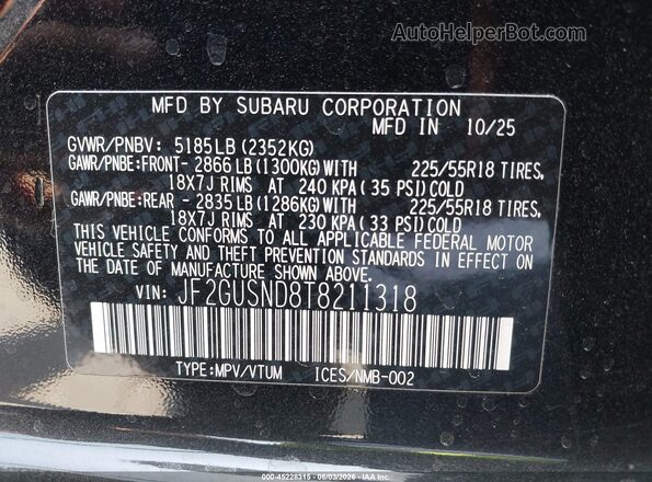 JF2GUSND8T8211318 2026 SUBARU CROSSTREK Black Շարժիչի բաժամունքի տեսք