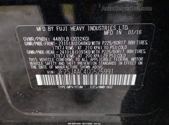 JF2SJAAC4GG525991 2016 SUBARU FORESTER 2.5 Черный Вид подкапотного пространства