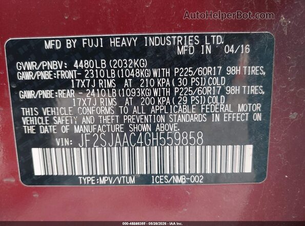 JF2SJAAC4GH559858 2016 SUBARU FORESTER Burgundy Вид підкапотного простору