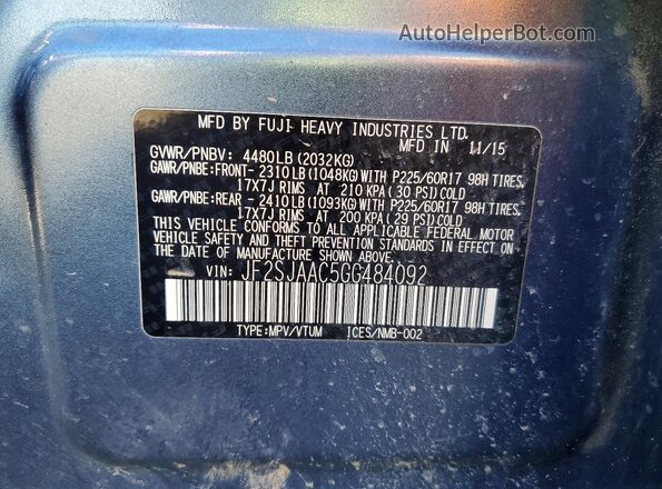 JF2SJAAC5GG484092 2016 SUBARU FORESTER 2.5 Blue Widok naklejki z numerem VIN
