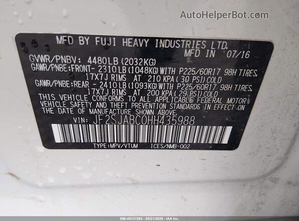 JF2SJABC0HH435988 2017 SUBARU FORESTER Белый Вид подкапотного пространства
