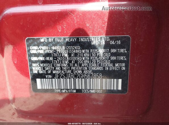 JF2SJABC2GH567858 2016 SUBARU FORESTER 2.5 Burgundy 