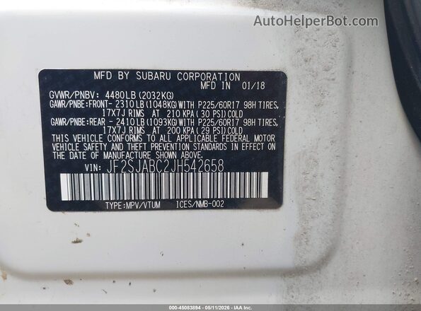JF2SJABC2JH542658 2018 SUBARU FORESTER 2.5 White Вид підкапотного простору