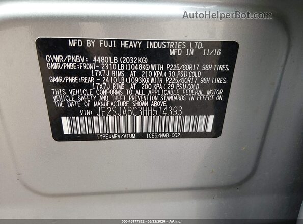 JF2SJABC3HH514393 2017 SUBARU FORESTER Blue ძრავის განყოფილების ხედი