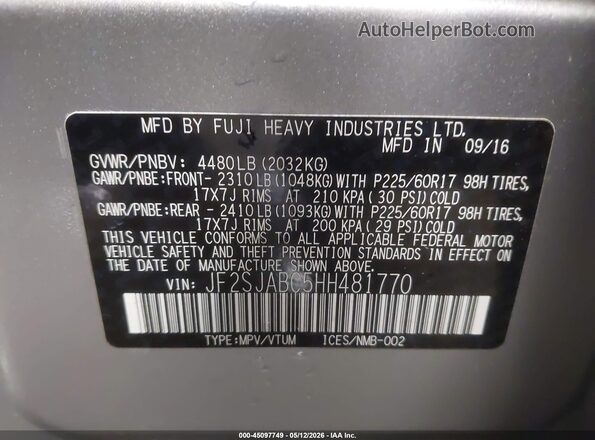 JF2SJABC5HH481770 2017 SUBARU FORESTER 2.5 Silver Vista del compartimento del motor