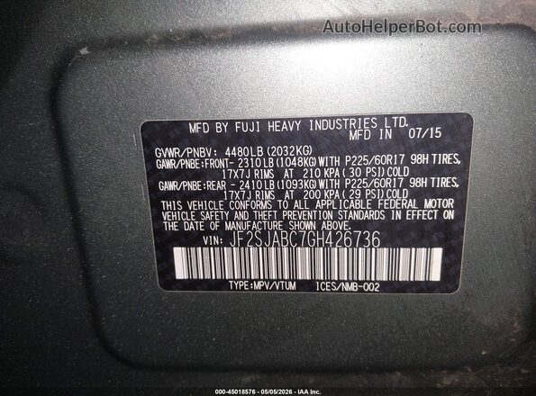JF2SJABC7GH426736 2016 SUBARU FORESTER 2.5 Green Widok komory silnika