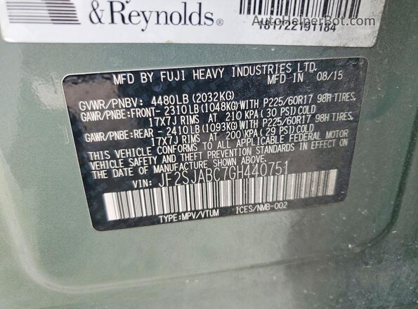 JF2SJABC7GH440751 2016 SUBARU FORESTER Green Vista interior de 360 grados