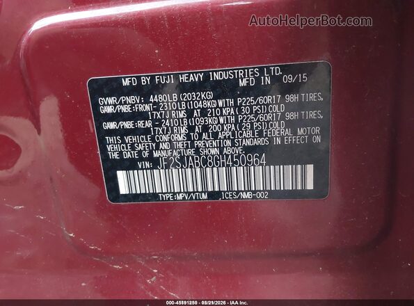 JF2SJABC8GH450964 2016 SUBARU FORESTER Red Vista del compartimento del motor
