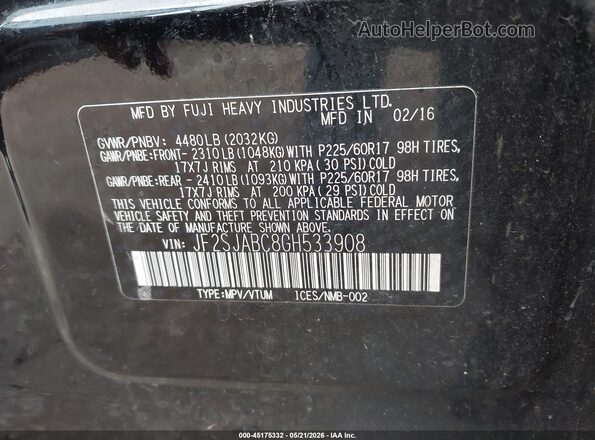 JF2SJABC8GH533908 2016 SUBARU FORESTER Black ძრავის განყოფილების ხედი