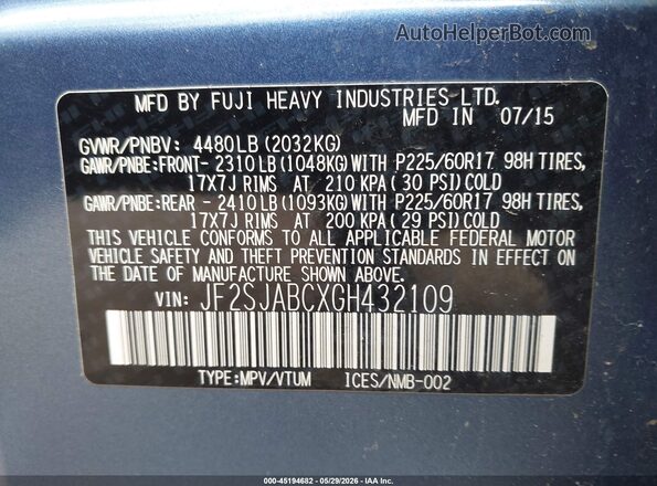 JF2SJABCXGH432109 2016 SUBARU FORESTER Blue 