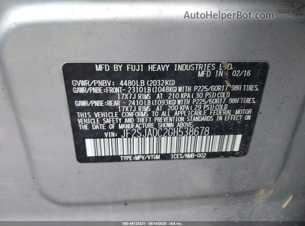 JF2SJADC2GH538678 2016 SUBARU FORESTER Silver Vista del compartimento del motor
