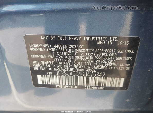 JF2SJADC4GH475342 2016 SUBARU FORESTER 2.5 Blue Engine compartment view