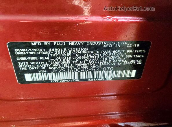 JF2SJADC4GH531070 2016 SUBARU FORESTER 2.5 Burgundy VIN კოდის სტიკერის ხედი