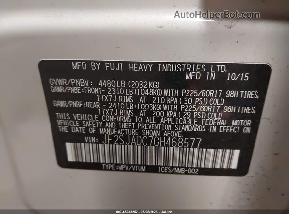 JF2SJADC7GH468577 2016 SUBARU FORESTER White Vista del compartimento del motor