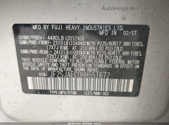 JF2SJAEC0HH551672 2017 SUBARU FORESTER Серебряный Вид подкапотного пространства