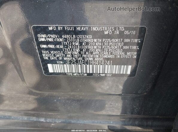 JF2SJAEC1HH414241 2017 SUBARU FORESTER Black Engine compartment view
