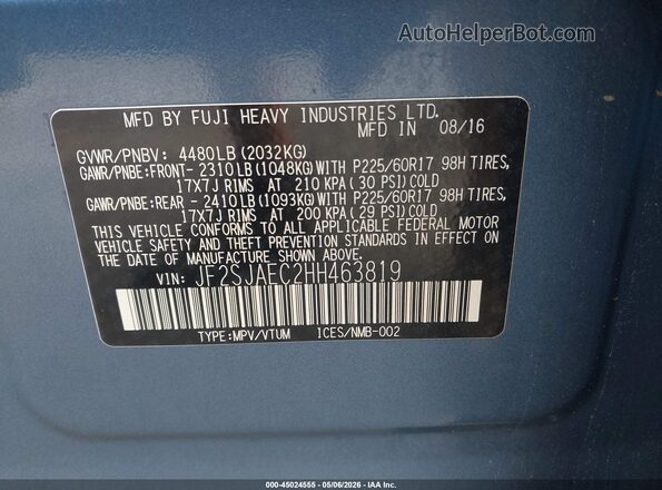 JF2SJAEC2HH463819 2017 SUBARU FORESTER 2.5 Blue 