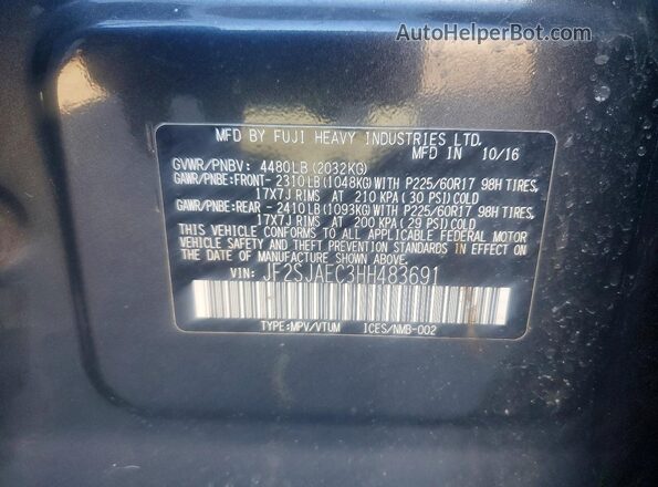 JF2SJAEC3HH483691 2017 SUBARU FORESTER 2.5 Gray Панорамний вид салону 360°