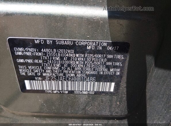 JF2SJAEC6HH810486 2017 SUBARU FORESTER Green Engine compartment view