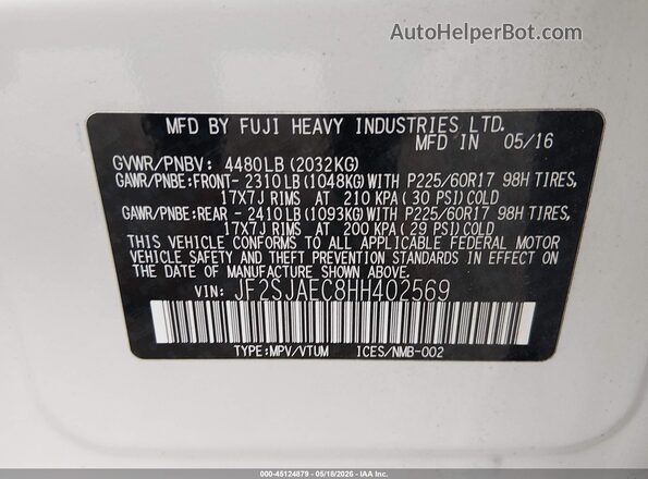 JF2SJAEC8HH402569 2017 SUBARU FORESTER White 