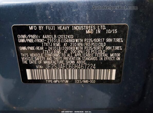 JF2SJAFC6GH467224 2016 SUBARU FORESTER 2.5 Blue Вид підкапотного простору