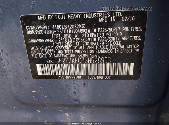 JF2SJAFC7GH528953 2016 SUBARU FORESTER Blue ძრავის განყოფილების ხედი