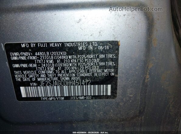 JF2SJAGC0HH451472 2017 SUBARU FORESTER Серебряный Вид подкапотного пространства
