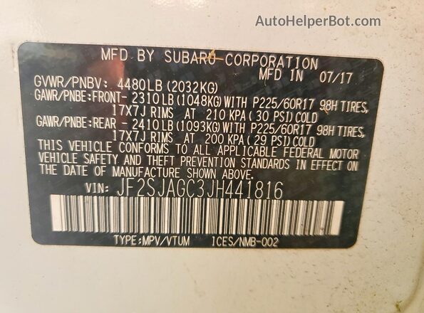 JF2SJAGC3JH441816 2018 SUBARU FORESTER White Widok naklejki z numerem VIN