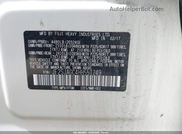 JF2SJAGC4HH551249 2017 SUBARU FORESTER 2.5 Белый Вид подкапотного пространства