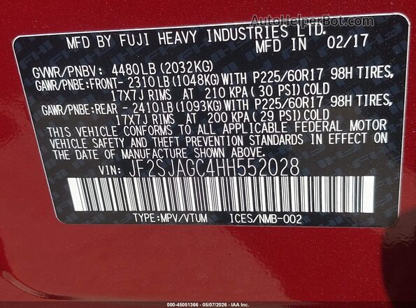 JF2SJAGC4HH552028 2017 SUBARU FORESTER 2.5 Красный Вид подкапотного пространства