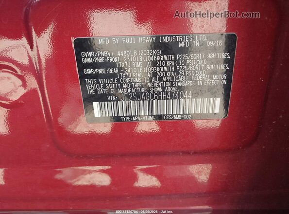JF2SJAGC6HH474044 2017 SUBARU FORESTER Red Engine compartment view