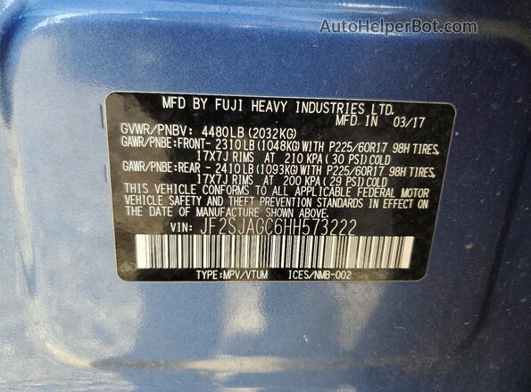 JF2SJAGC6HH573222 2017 SUBARU FORESTER Blue Widok naklejki z numerem VIN