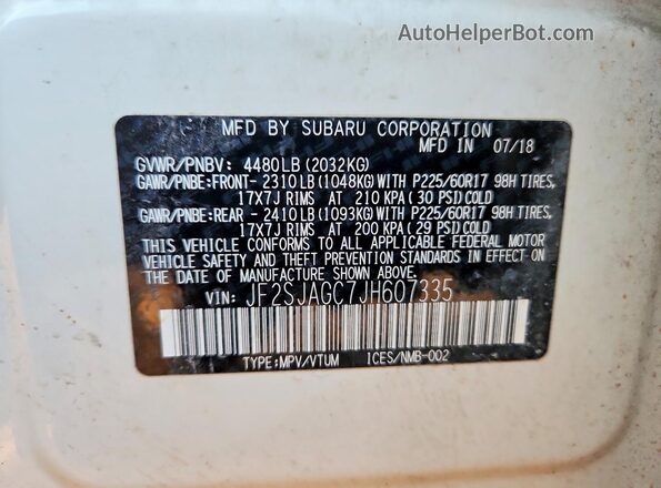 JF2SJAGC7JH607335 2018 SUBARU FORESTER 2.5 Белый Вид наклейки с VIN-кодом
