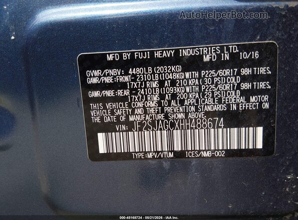 JF2SJAGCXHH488674 2017 SUBARU FORESTER Blue ძრავის განყოფილების ხედი