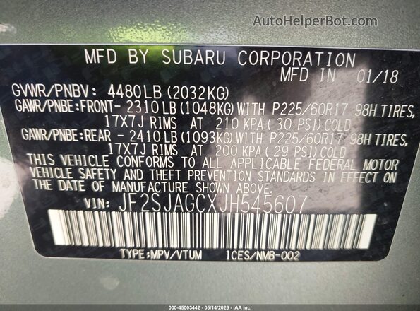JF2SJAGCXJH545607 2018 SUBARU FORESTER Зеленый Вид подкапотного пространства