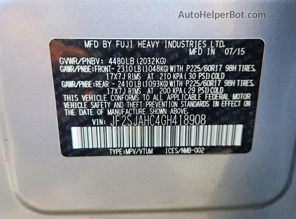 JF2SJAHC4GH418908 2016 SUBARU FORESTER 2.5 Silver 