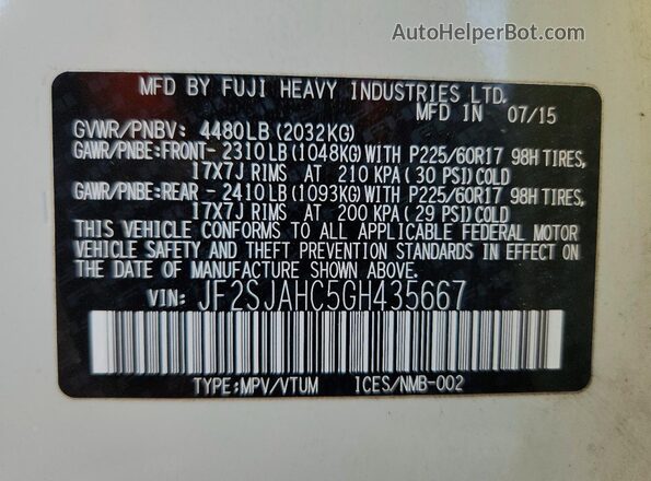 JF2SJAHC5GH435667 2016 SUBARU FORESTER White 