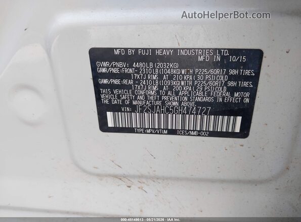 JF2SJAHC5GH474727 2016 SUBARU FORESTER White Vista del compartimento del motor