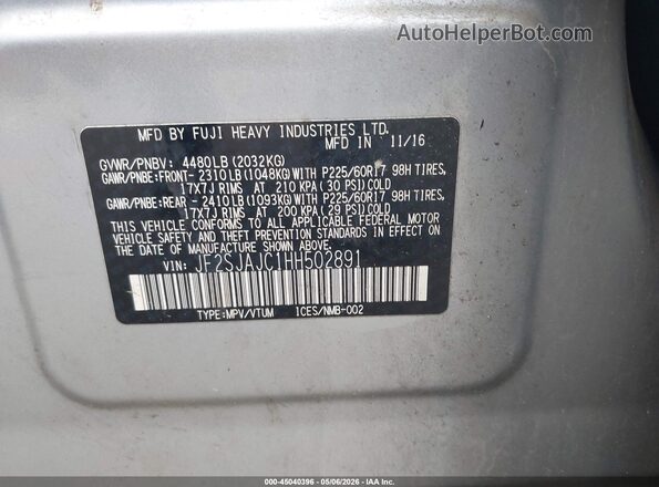 JF2SJAJC1HH502891 2017 SUBARU FORESTER 2.5 Silver ძრავის განყოფილების ხედი