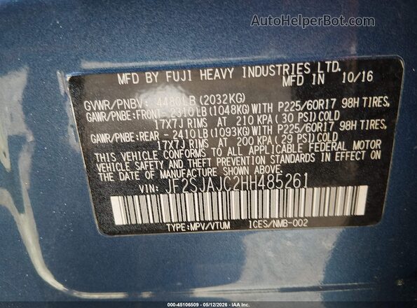 JF2SJAJC2HH485261 2017 SUBARU FORESTER 2.5 Blue Вид підкапотного простору