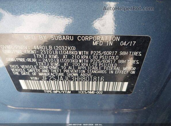 JF2SJAJC3HH801816 2017 SUBARU FORESTER 2.5 Blue Widok komory silnika