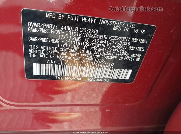 JF2SJAJC8HH400648 2017 SUBARU FORESTER Red 