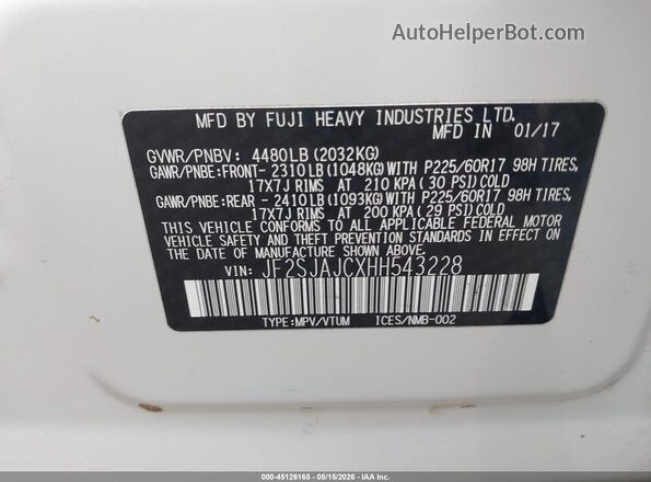 JF2SJAJCXHH543228 2017 SUBARU FORESTER White 