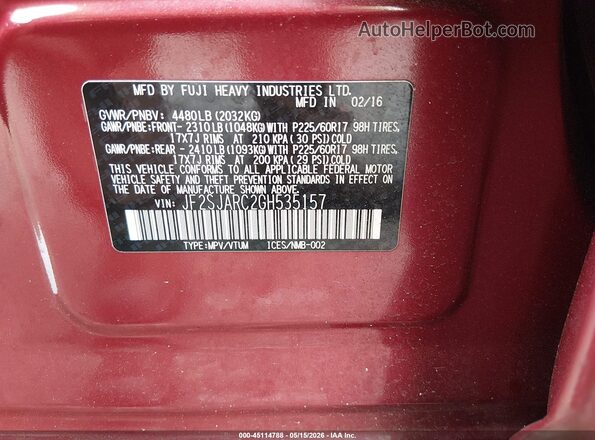 JF2SJARC2GH535157 2016 SUBARU FORESTER Red ძრავის განყოფილების ხედი