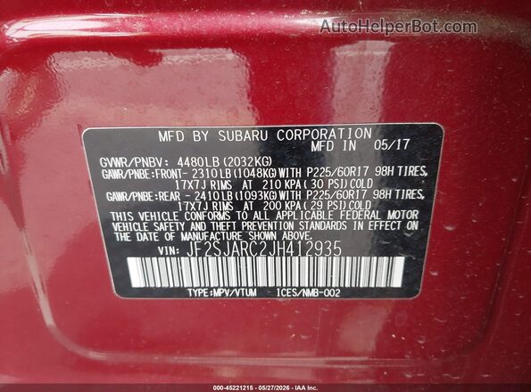 JF2SJARC2JH412935 2018 SUBARU FORESTER Burgundy Vista del compartimento del motor