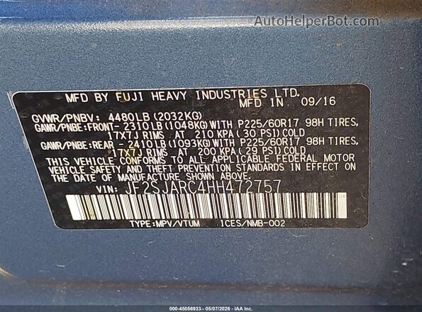 JF2SJARC4HH472757 2017 SUBARU FORESTER 2.5 Blue ძრავის განყოფილების ხედი