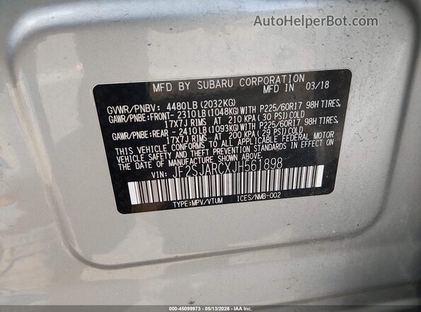 JF2SJARCXJH561898 2018 SUBARU FORESTER 2.5 Gray 